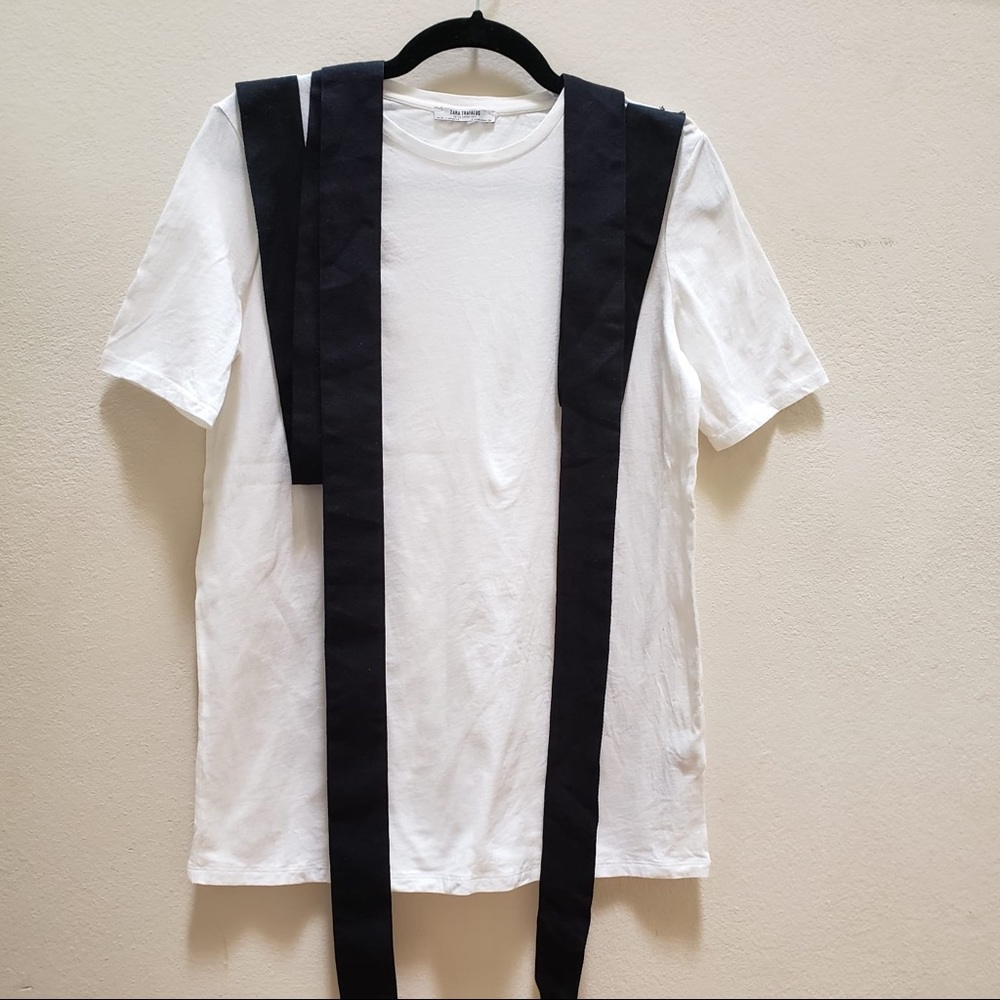 Zara Trafaluc Bow Back T Shirt White Black Ribbon Detail Size M